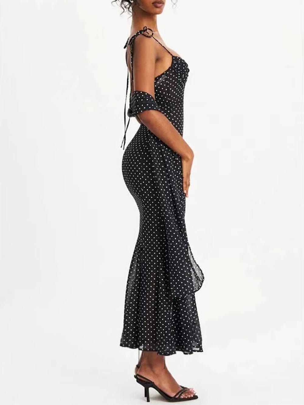 Polka Dot Mesh Sweetheart Tie Strap Mermaid Maxi Dress - View 3