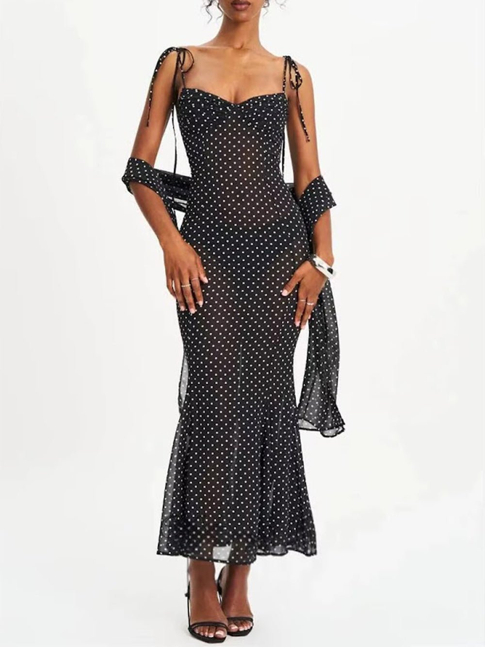 Polka Dot Mesh Sweetheart Tie Strap Mermaid Maxi Dress - View 11