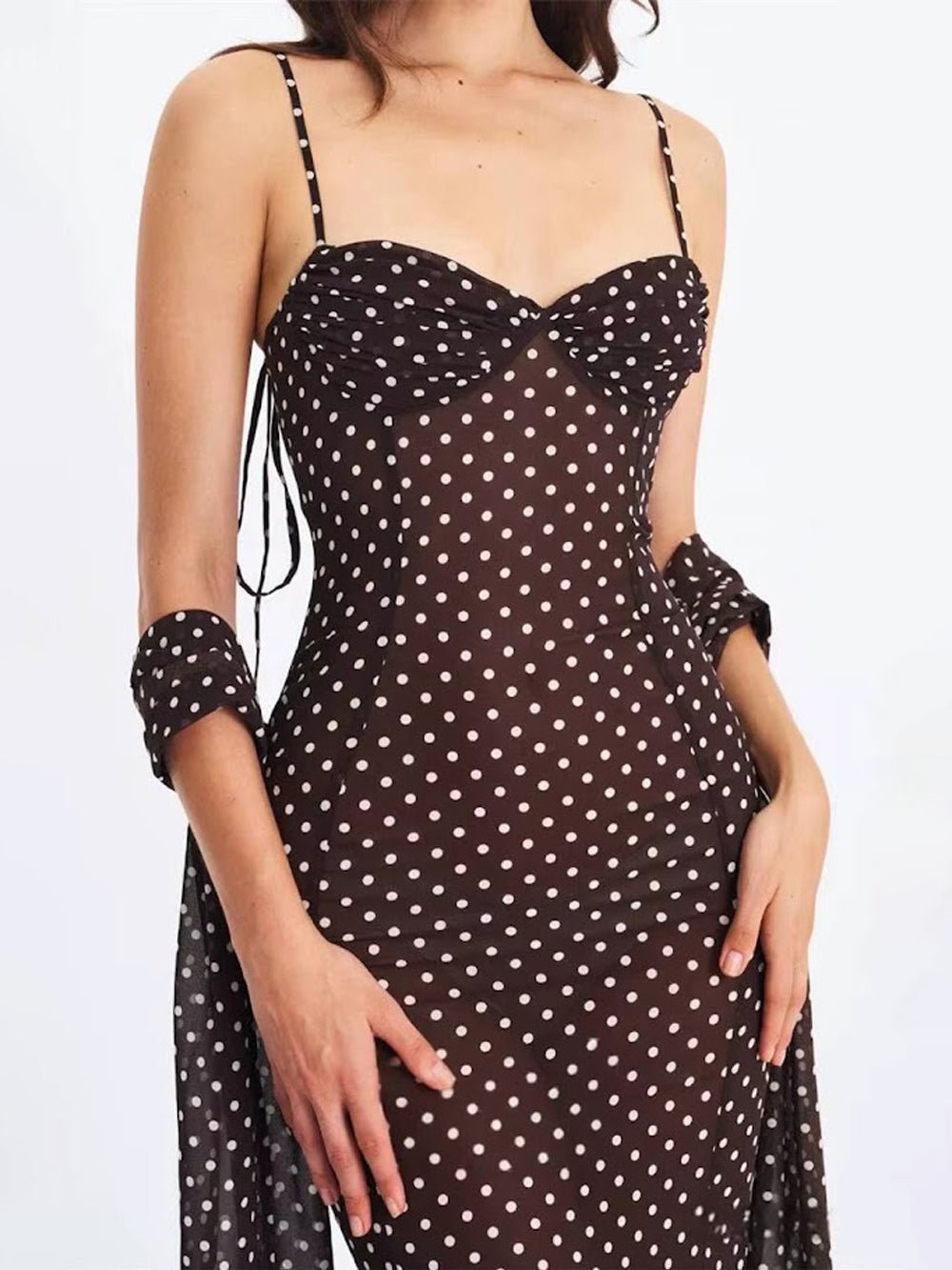 Polka Dot Spaghetti Strap Sweetheart Bias Cut Midi Dress - View 5