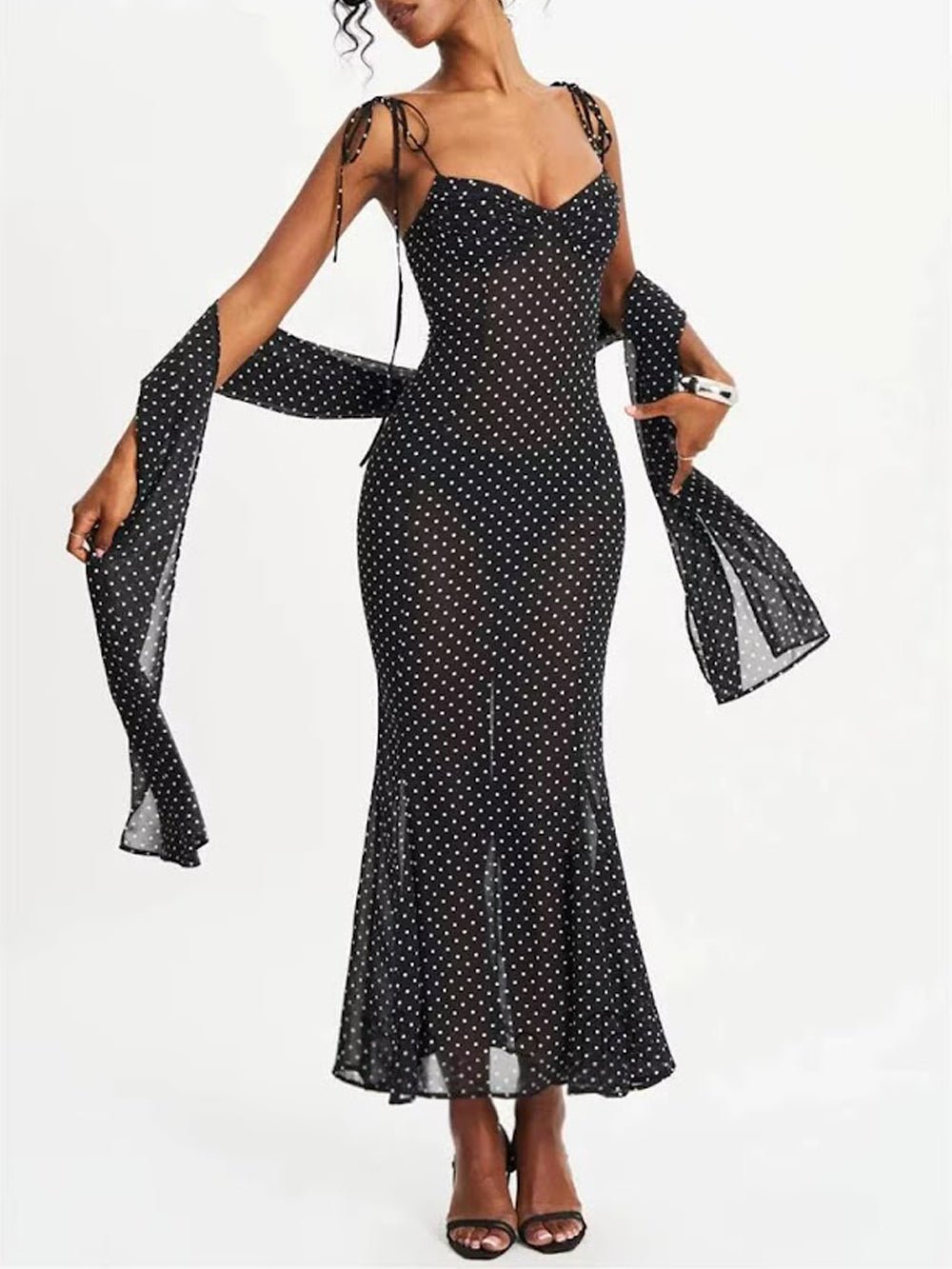 Polka Dot Mesh Sweetheart Tie Strap Mermaid Maxi Dress - View 6