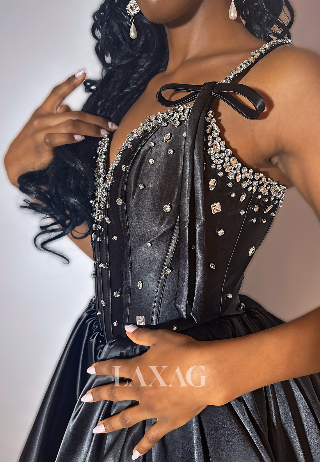 V-Neck Spaghetti Straps Sleeveless Beaded Pleated Satin A-Line Party Homecoming Dress