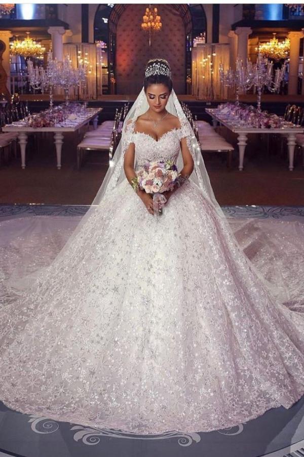 Of-the-Shoulder Wedding Dress Ball Gown With Lace Appliques - Fashionpara