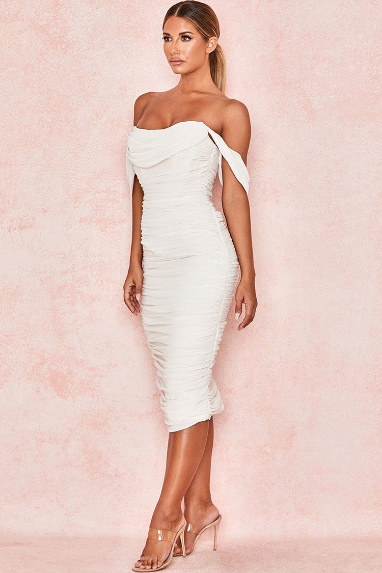 Off Shoulder Ruched Bodycon Cocktail Party Dress - White  Fashionpara
