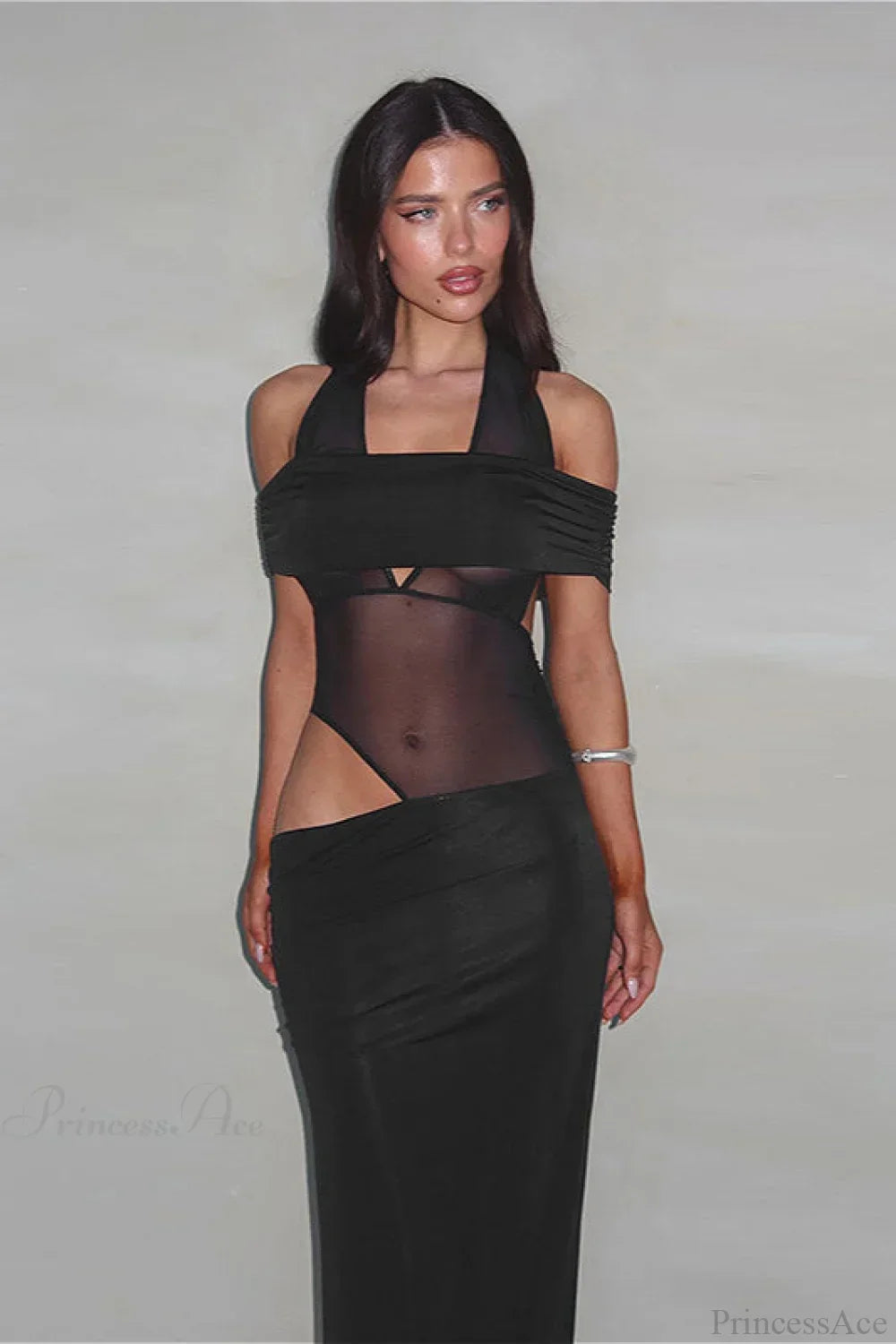 Off Shoulder Halter Mesh Cutout Bodycon Maxi Dress 2