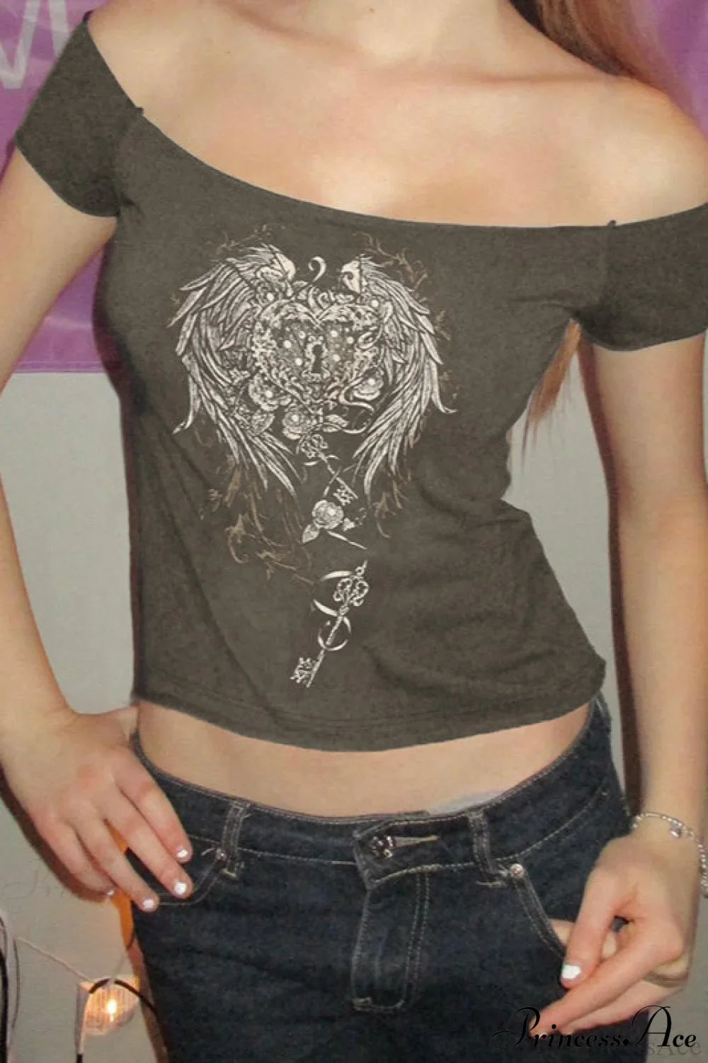 Off Shoulder Wing Print T-shirt Grey / S