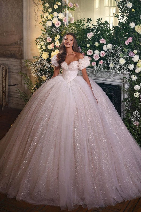 Off-the-Shoulder Ball Gown Tulle Wedding Dress Shinning Sequins - Fashionpara