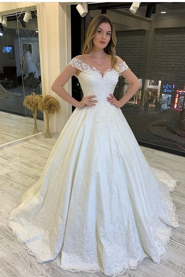 Off-the-Shoulder Ball Gown Wedding Dress Lace Appliques Bridal Gown - Fashionpara