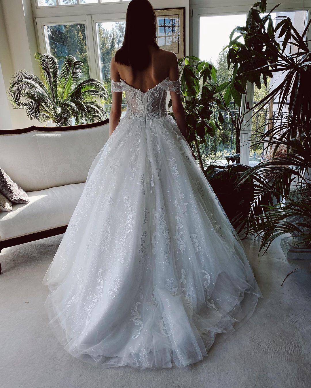 Off-the-Shoulder Ball Gown Wedding Dress With Appliques Sequins - Fashionpara