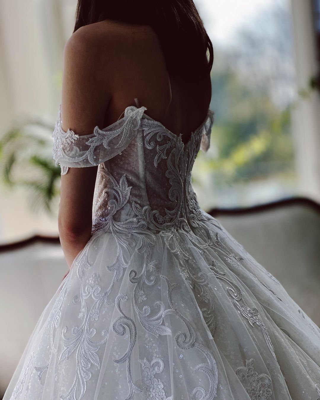 Off-the-Shoulder Ball Gown Wedding Dress With Appliques Sequins - Fashionpara