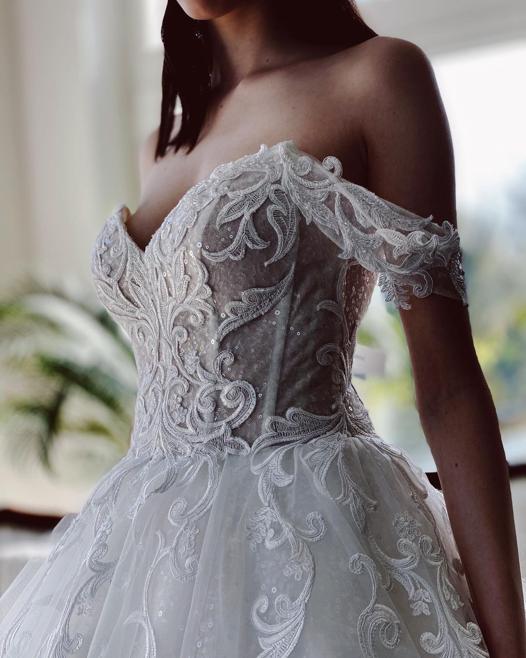 Off-the-Shoulder Ball Gown Wedding Dress With Appliques Sequins - Fashionpara