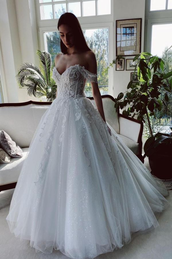 Off-the-Shoulder Ball Gown Wedding Dress With Appliques Sequins - Fashionpara