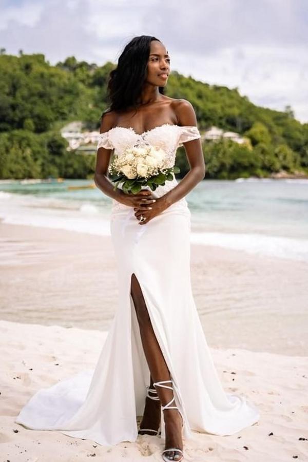 Off-the-Shoulder Beach Wedding Dress Mermaid Split Long - Fashionpara