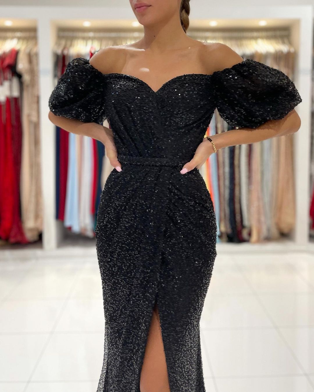 Off-the-Shoulder Black Sequins Prom Dress Mermaid With Split - Fashionpara
