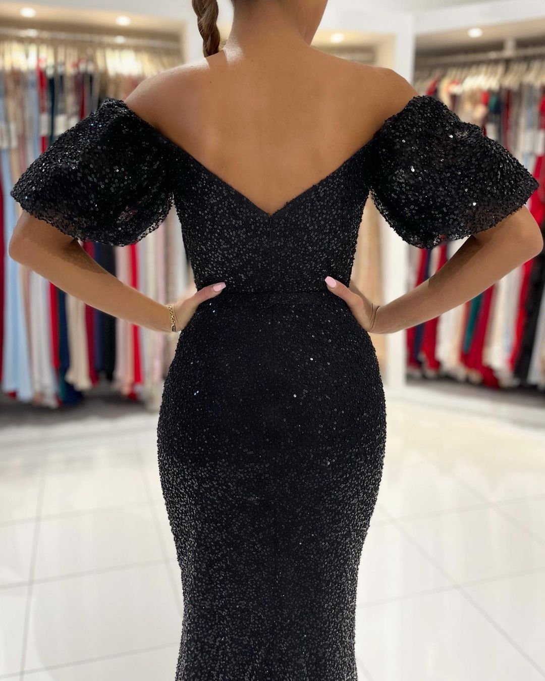 Off-the-Shoulder Black Sequins Prom Dress Mermaid With Split - Fashionpara