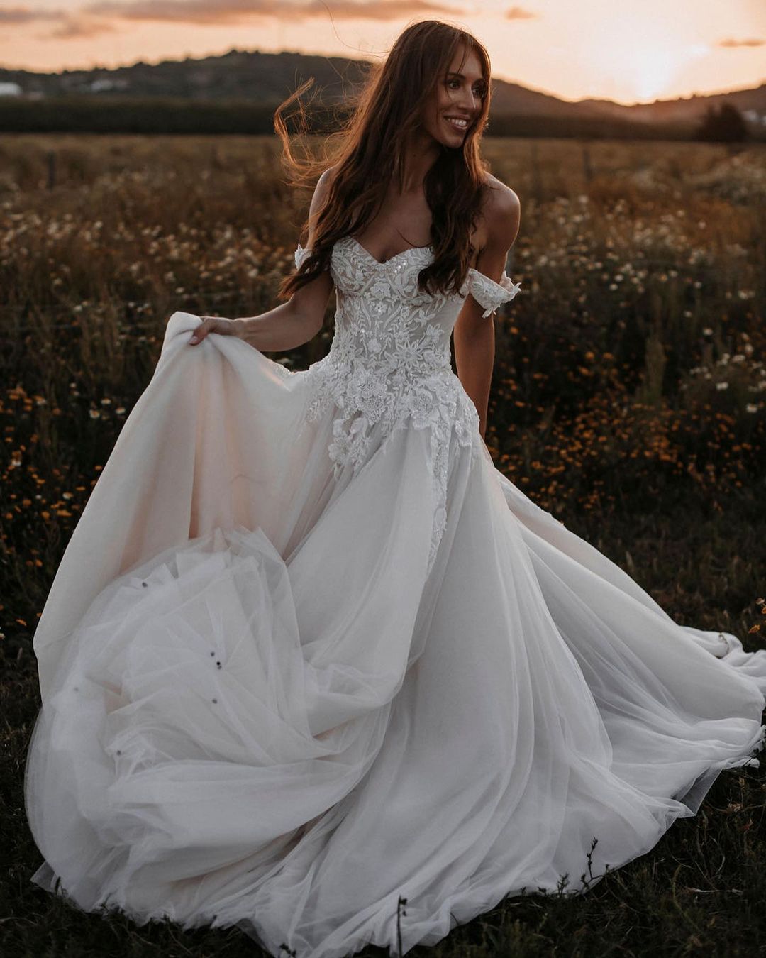 Off-the-Shoulder Boho Wedding Dress Tulle With Lace Appliques - Fashionpara