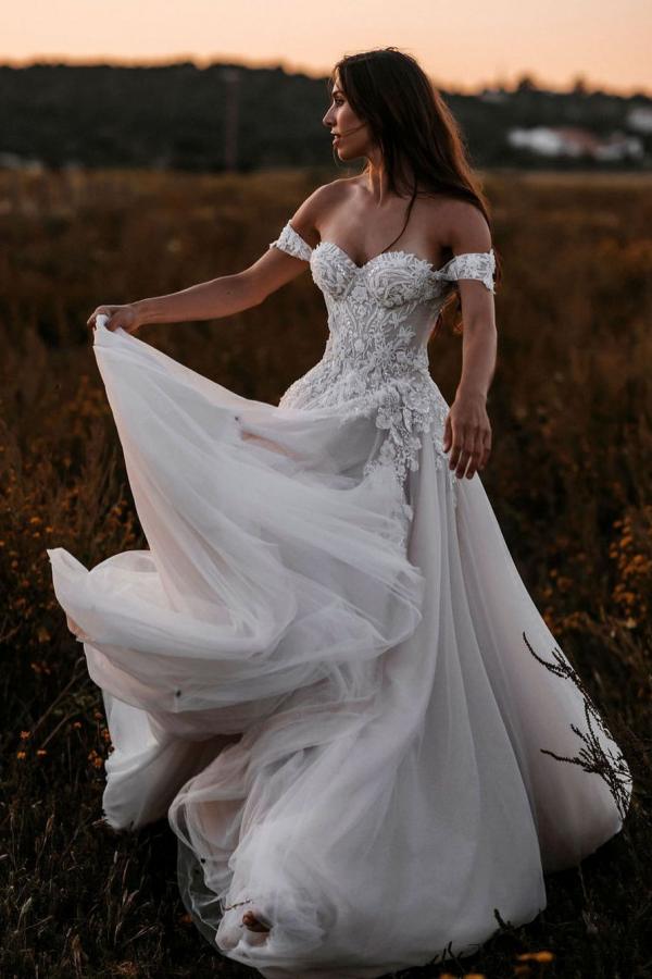 Off-the-Shoulder Boho Wedding Dress Tulle With Lace Appliques - Fashionpara