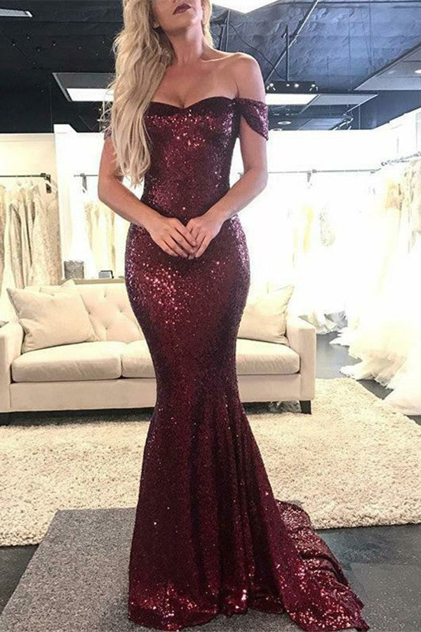 off-the-Shoulder Burgundy Sequins Prom Dress Mermaid - Fashionpara