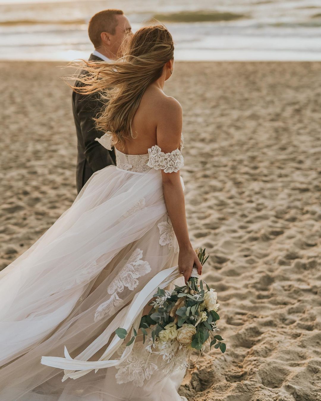 Off-the-Shoulder Champagne Beach Wedding Dress Lace Tulle Long - Fashionpara