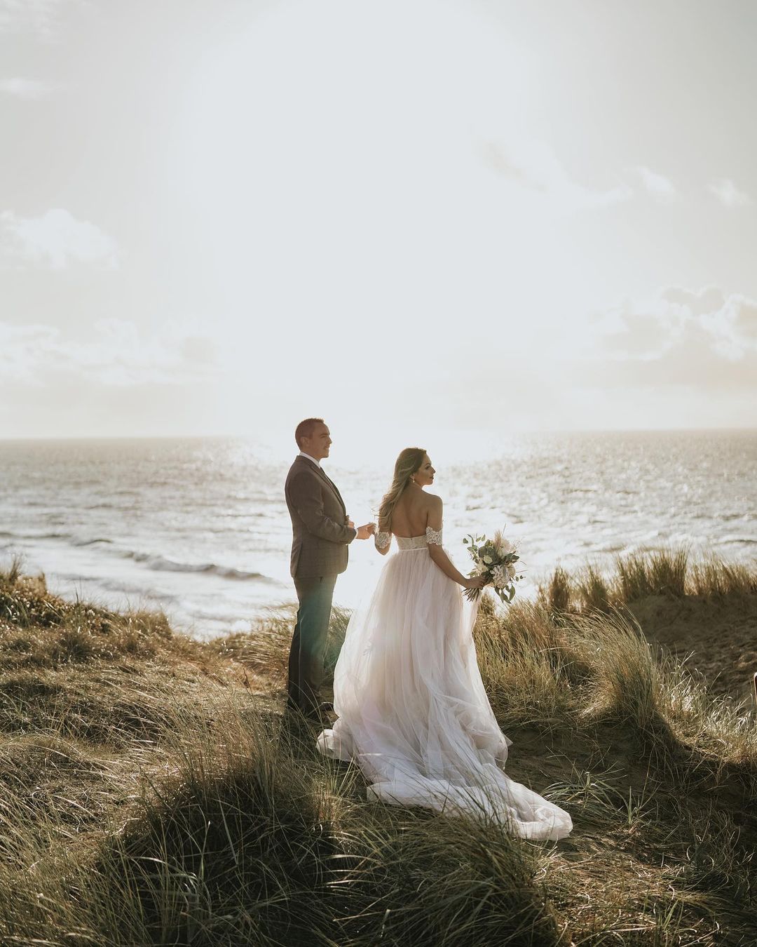 Off-the-Shoulder Champagne Beach Wedding Dress Lace Tulle Long - Fashionpara
