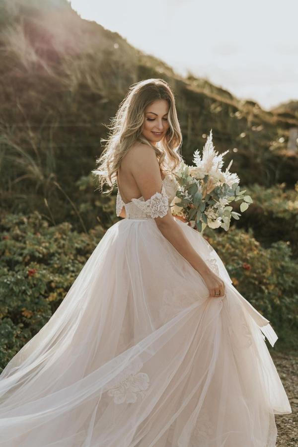 Off-the-Shoulder Champagne Beach Wedding Dress Lace Tulle Long - Fashionpara