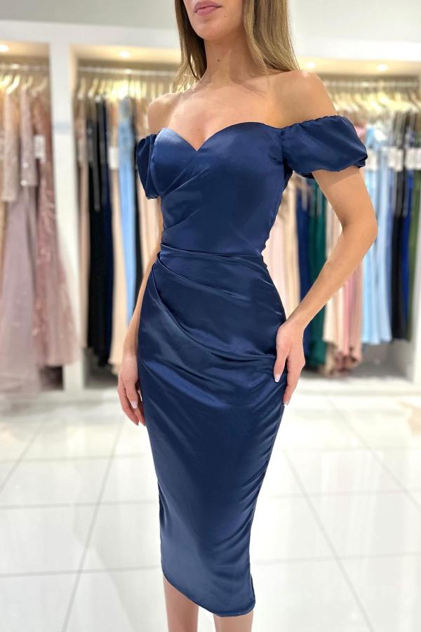 Off-the-Shoulder Dark Navy Prom Dress Sheath - Fashionpara