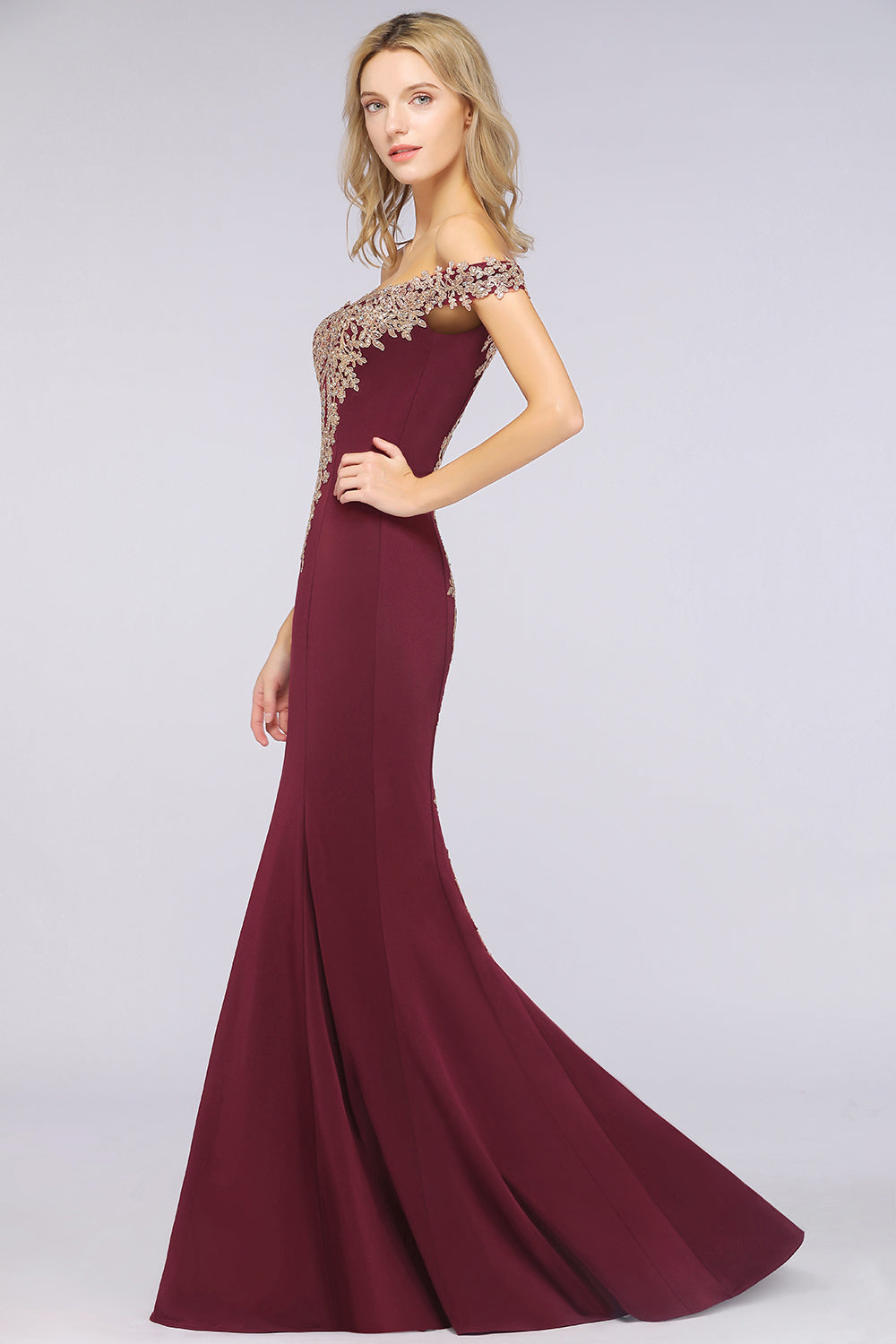 Beautiful Off-the-shoulder Floor-Length Dress with Lace Appliques - Fashionpara