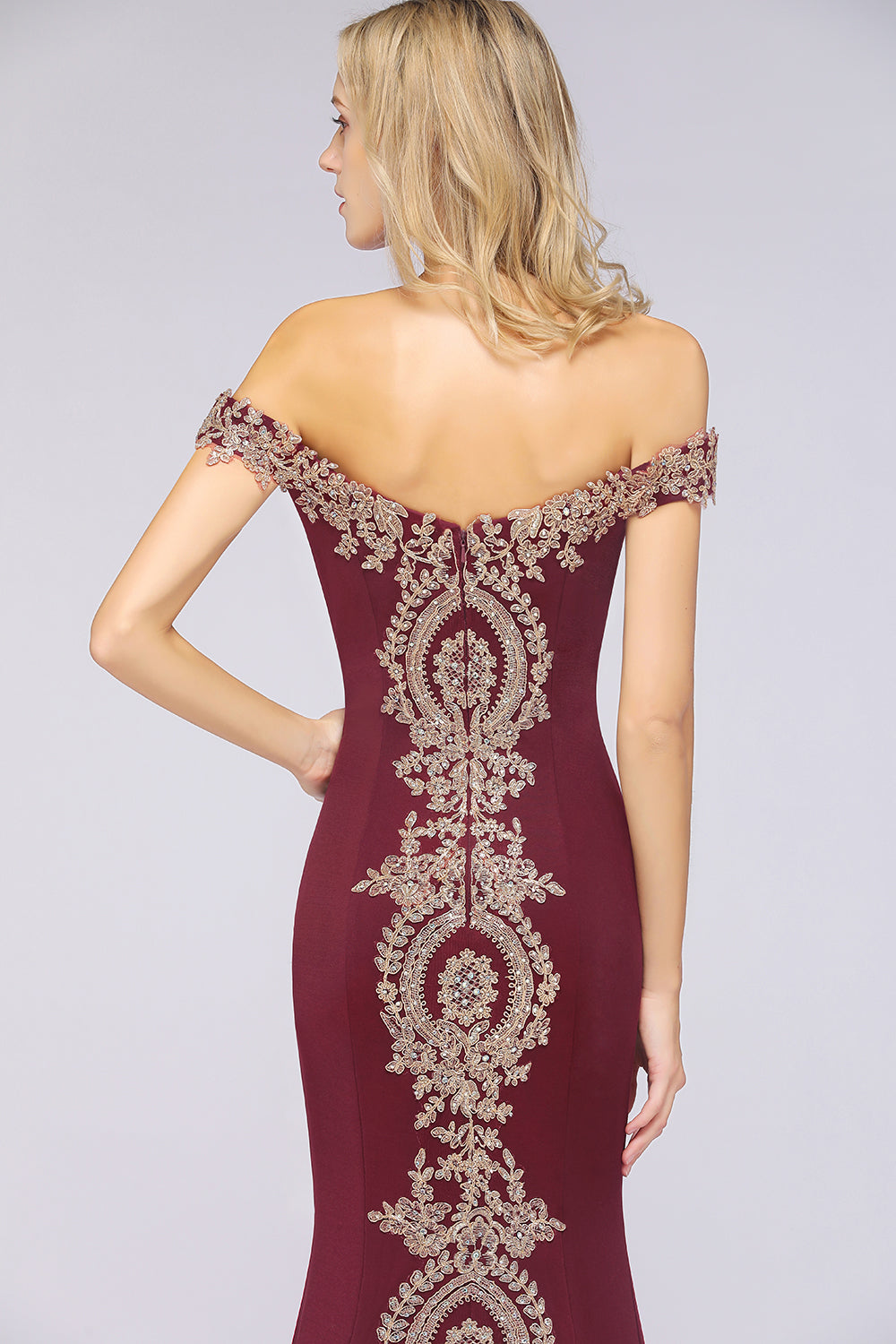 Beautiful Off-the-shoulder Floor-Length Dress with Lace Appliques - Fashionpara
