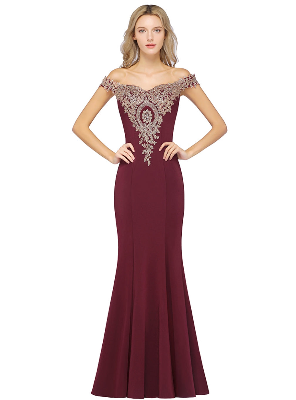 Beautiful Off-the-shoulder Floor-Length Dress with Lace Appliques - Fashionpara