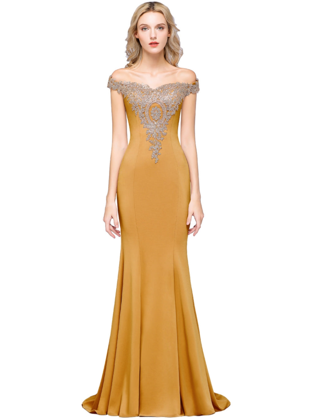 Beautiful Off-the-shoulder Floor-Length Dress with Lace Appliques - Fashionpara