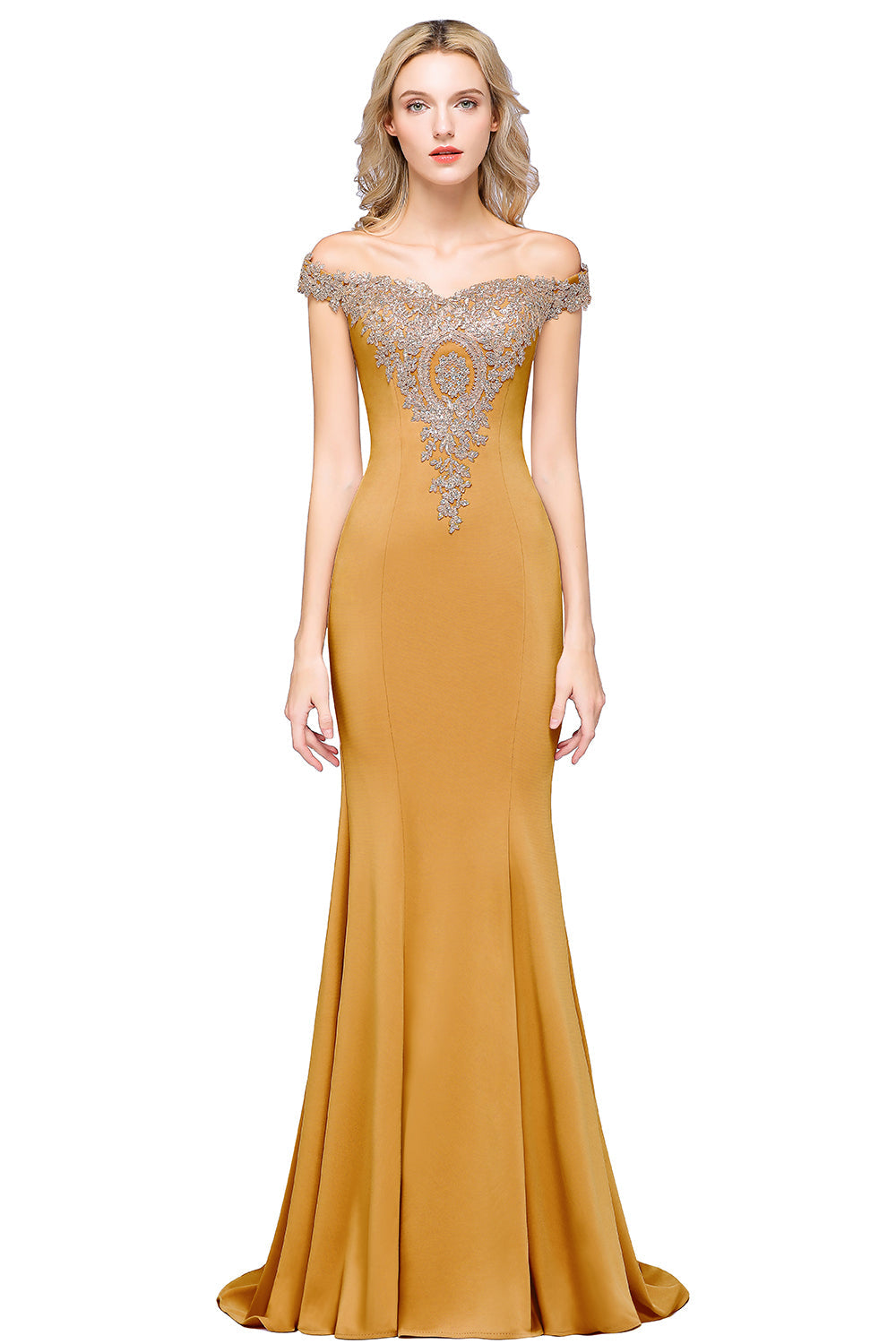 Beautiful Off-the-shoulder Floor-Length Dress with Lace Appliques - Fashionpara