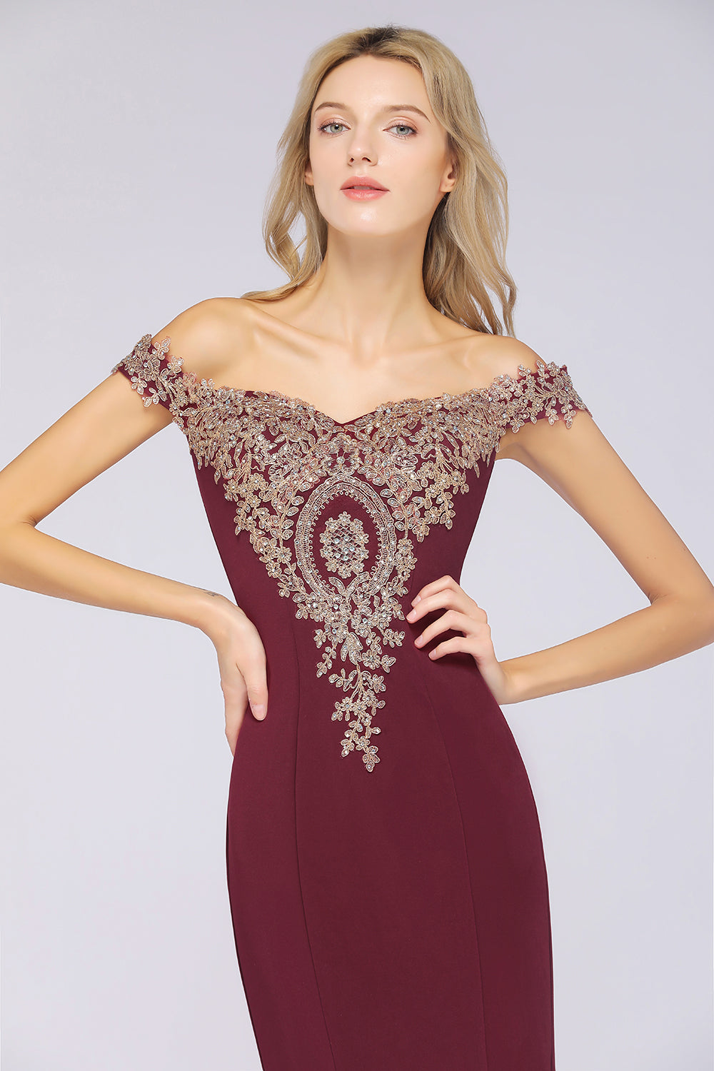 Beautiful Off-the-shoulder Floor-Length Dress with Lace Appliques - Fashionpara
