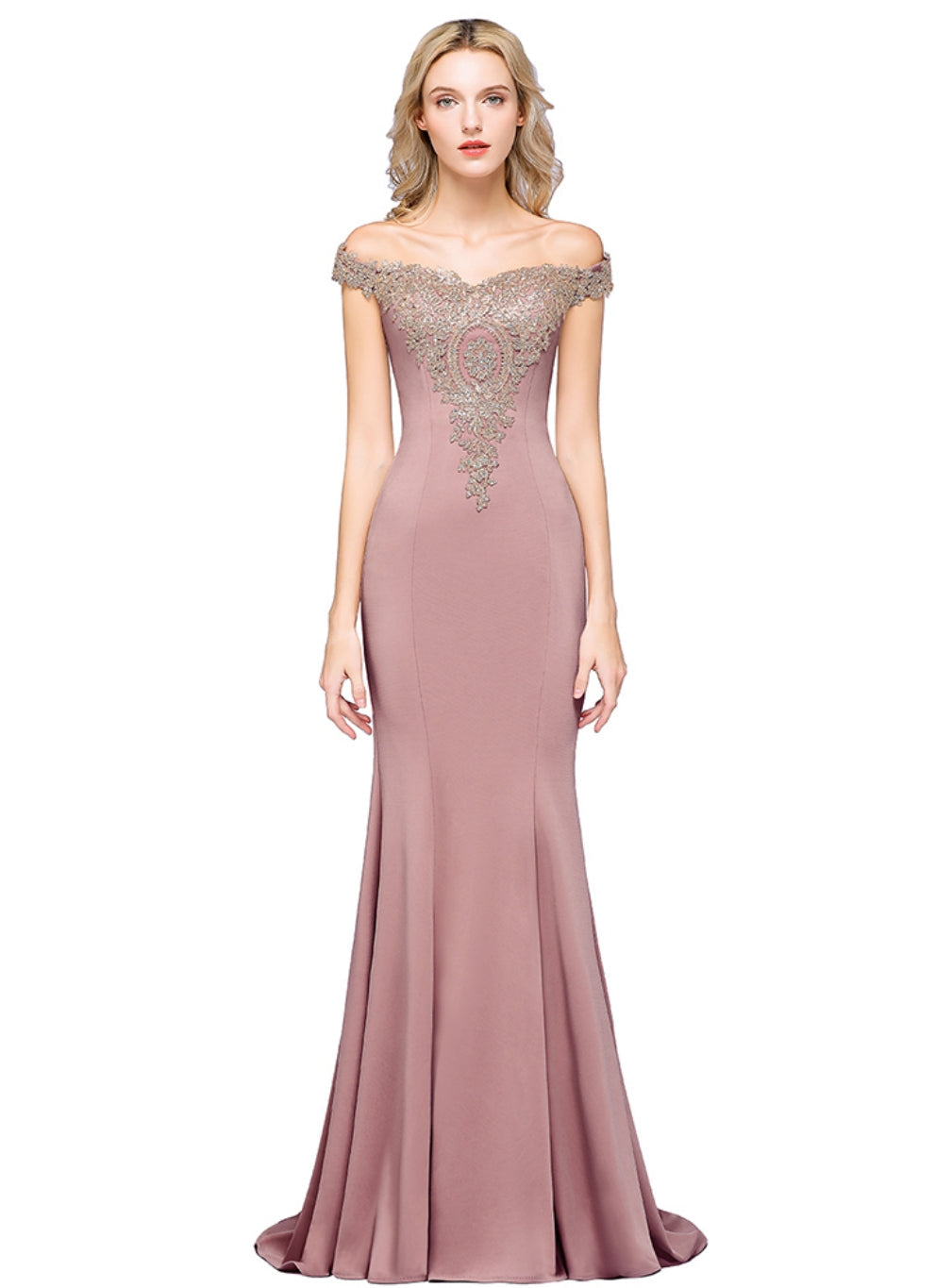 Beautiful Off-the-shoulder Floor-Length Dress with Lace Appliques - Fashionpara