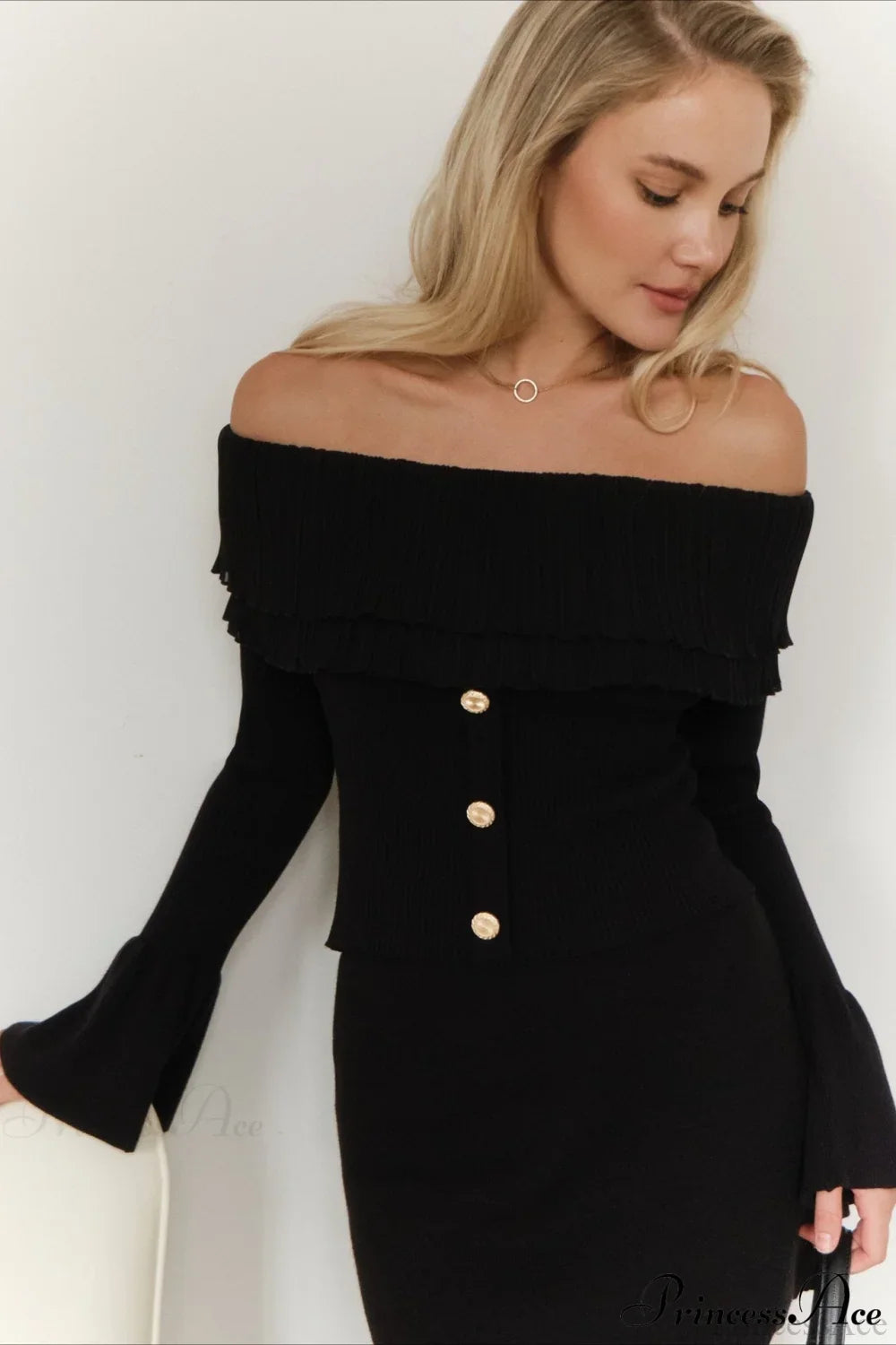 PrincessAce Off-the-Shoulder Knit Sweater with Button Panels