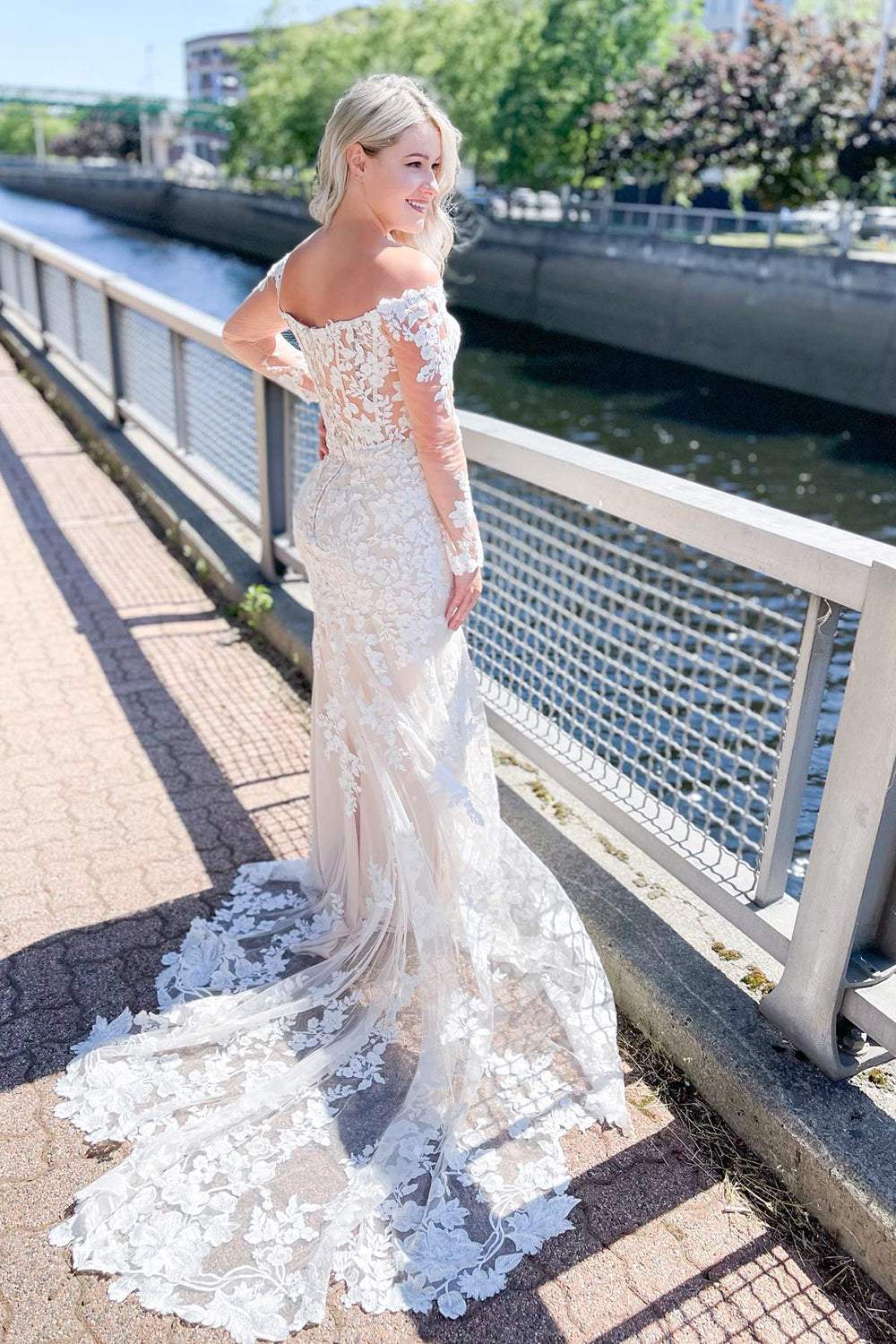 Off-the-Shoulder Lace Wedding Dress Mermaid Long Sleeves - Fashionpara