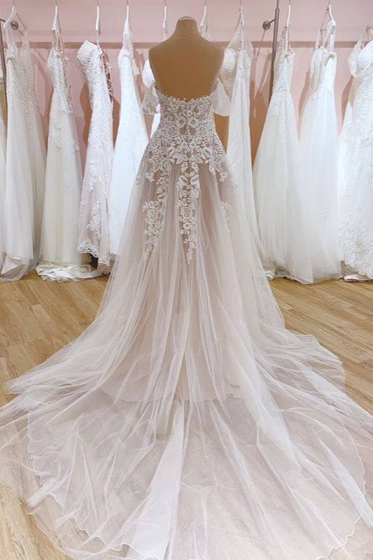 Off-the-Shoulder Lace Wedding Dress Tulle Bridal Gowns - Fashionpara