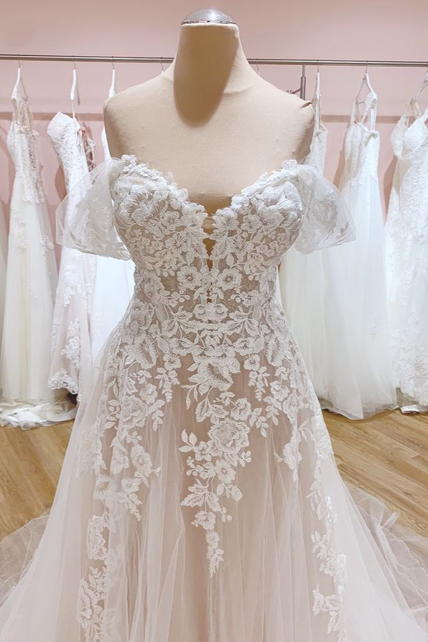 Off-the-Shoulder Lace Wedding Dress Tulle Bridal Gowns - Fashionpara
