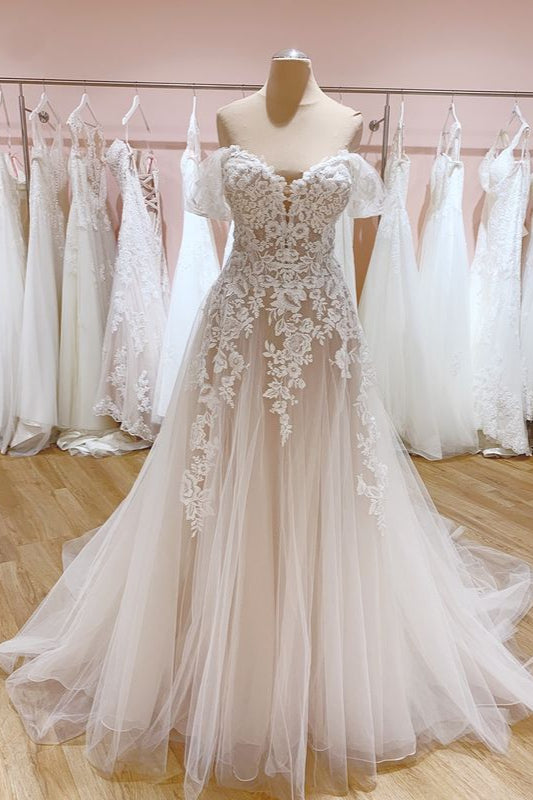 Off-the-Shoulder Lace Wedding Dress Tulle Bridal Gowns - Fashionpara