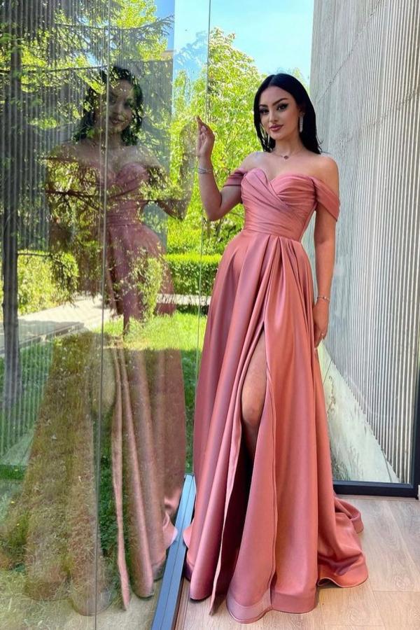 Off-the-Shoulder Long Prom Dress With Slit - Fashionpara