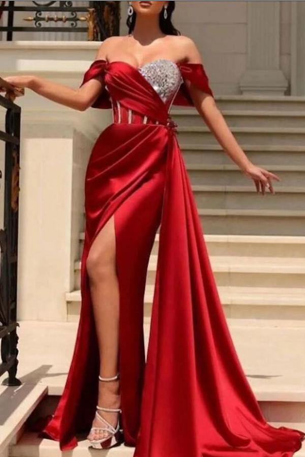 Off-the-Shoulder Long Prom Dresses Slit With Beads - Fashionpara