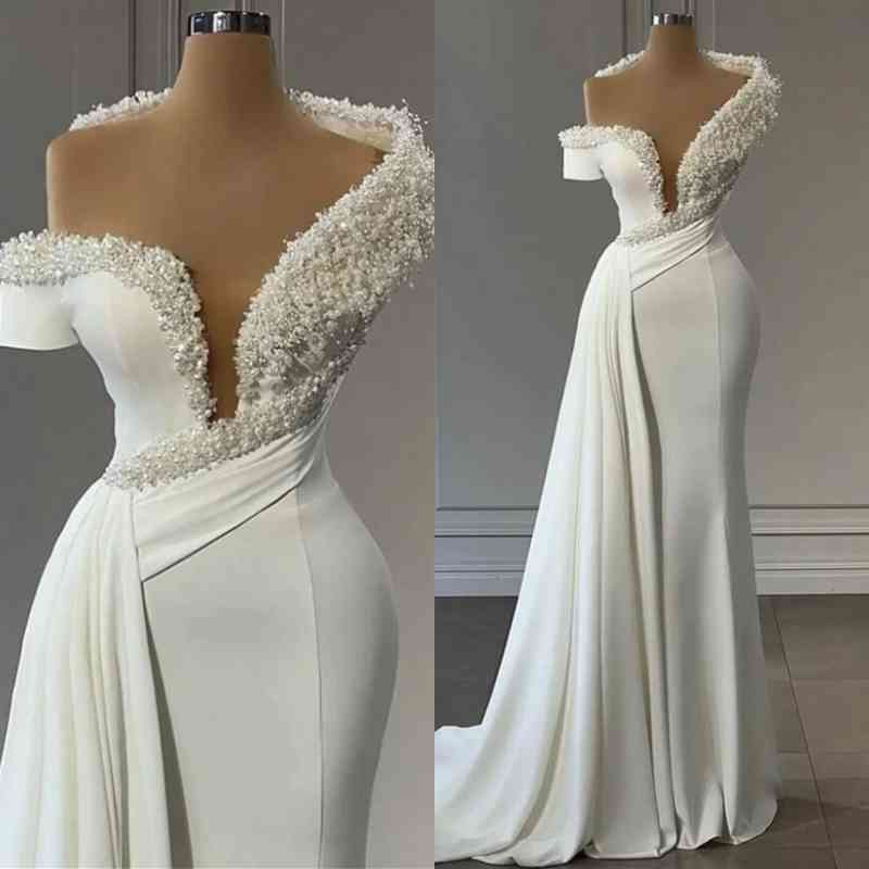 Off-the-Shoulder Mermaid Evening Dress Ruffle With Pearls - Fashionpara
