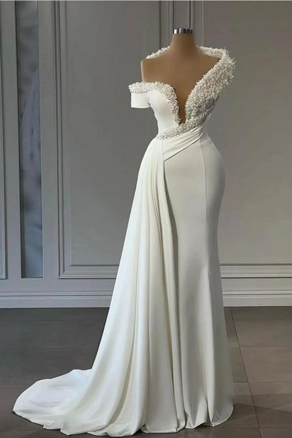 Off-the-Shoulder Mermaid Evening Dress Ruffle With Pearls - Fashionpara
