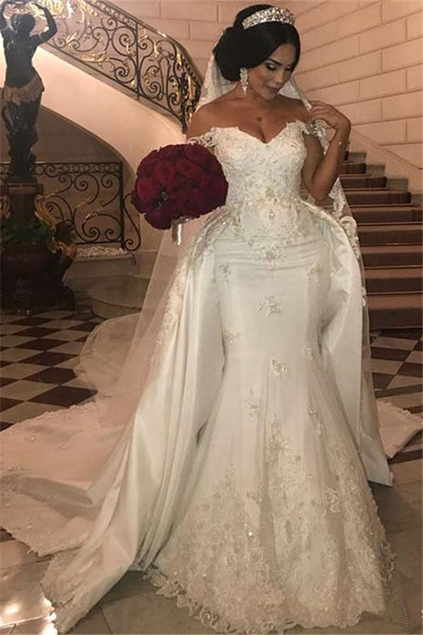 Off-the-Shoulder Mermaid Wedding Dress Overskirt Lace Bridal Gown - Fashionpara
