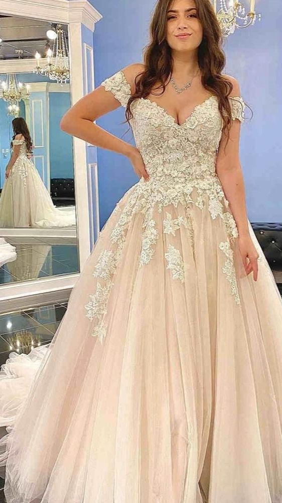 Off-the-Shoulder Princess Wedding Dress Champagne With Lace Appliques - Fashionpara