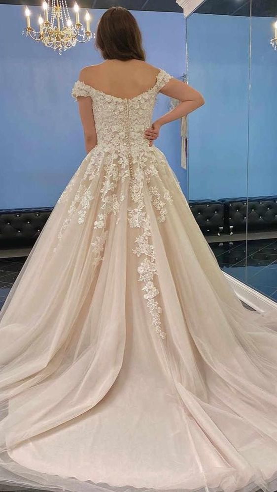 Off-the-Shoulder Princess Wedding Dress Champagne With Lace Appliques - Fashionpara