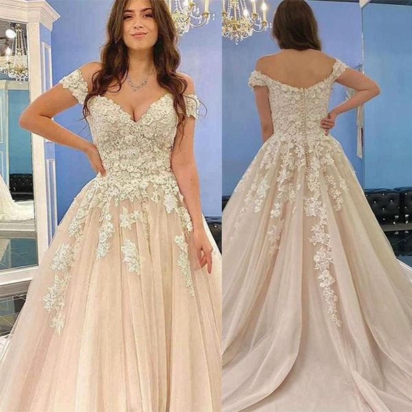 Off-the-Shoulder Princess Wedding Dress Champagne With Lace Appliques - Fashionpara