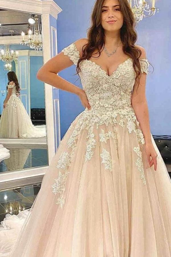 Off-the-Shoulder Princess Wedding Dress Champagne With Lace Appliques - Fashionpara