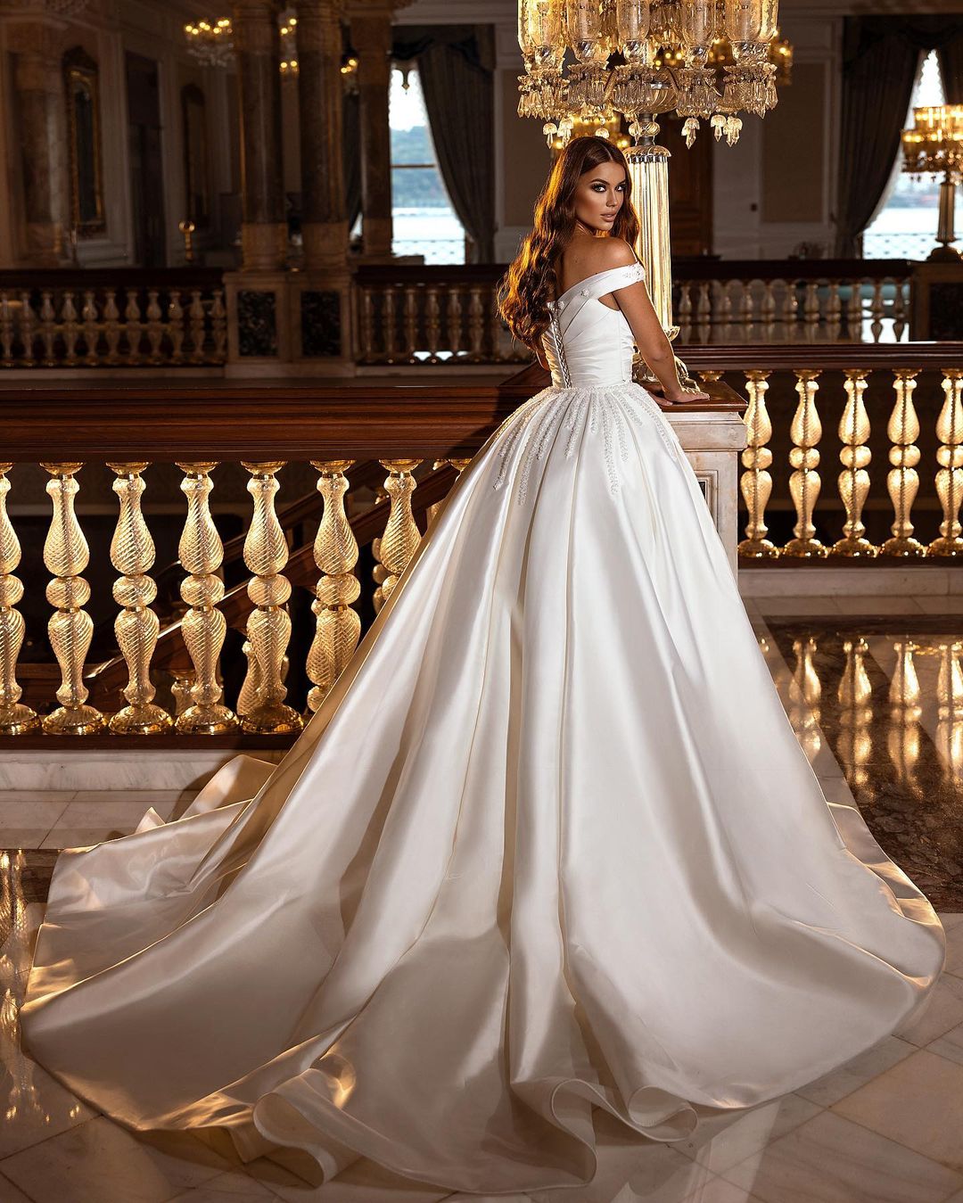 Off-the-Shoulder Satin Wedding Dress Mermaid Long - Fashionpara