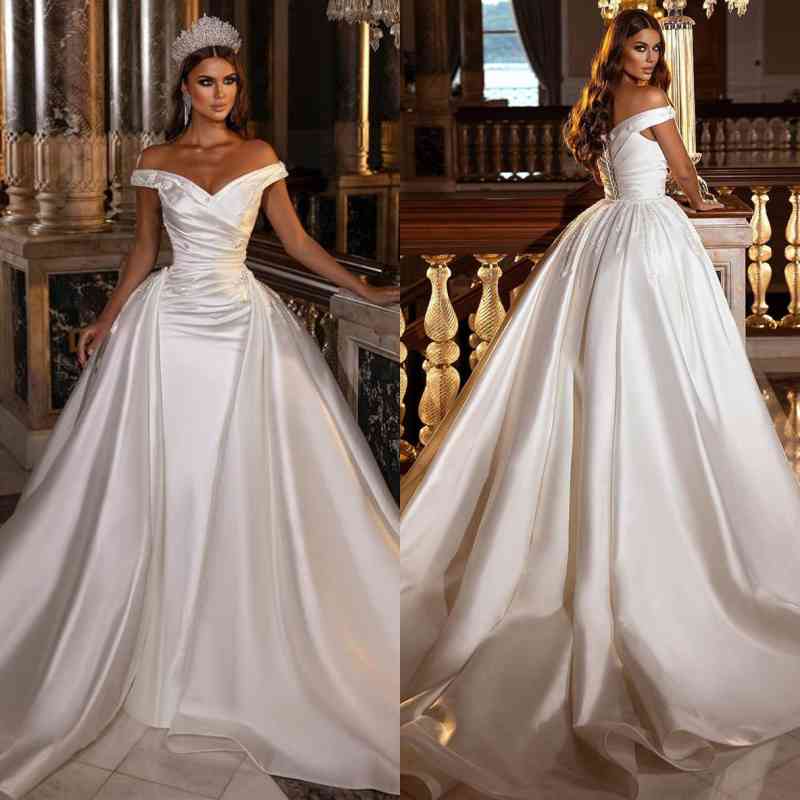Off-the-Shoulder Satin Wedding Dress Mermaid Long - Fashionpara