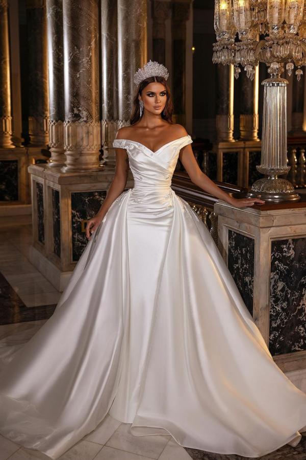Off-the-Shoulder Satin Wedding Dress Mermaid Long - Fashionpara