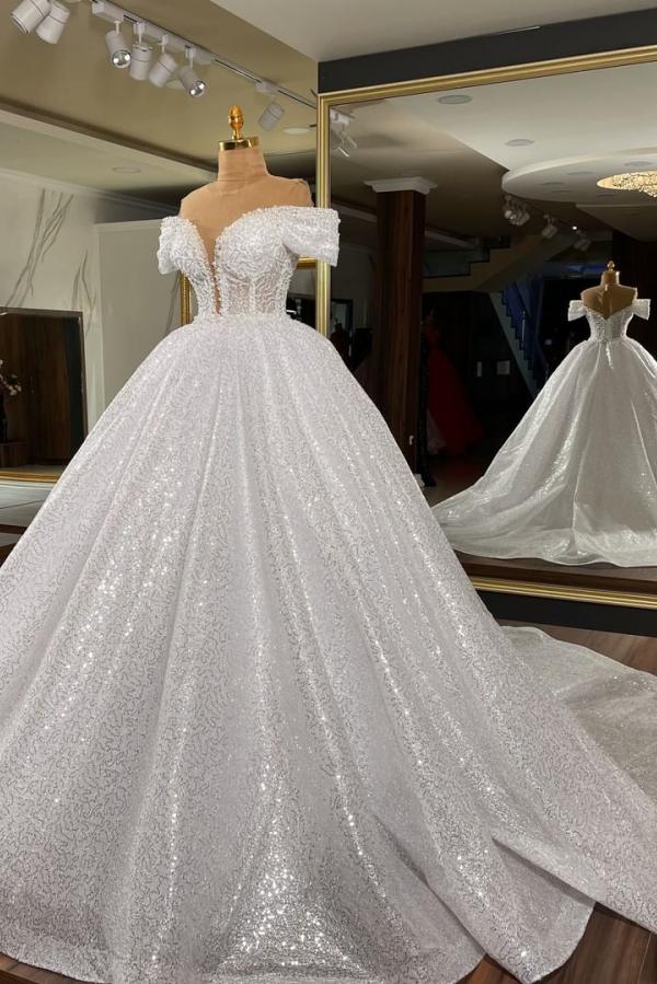 Off-the-Shoulder Sequins Ball Gown Wedding Dress - Fashionpara
